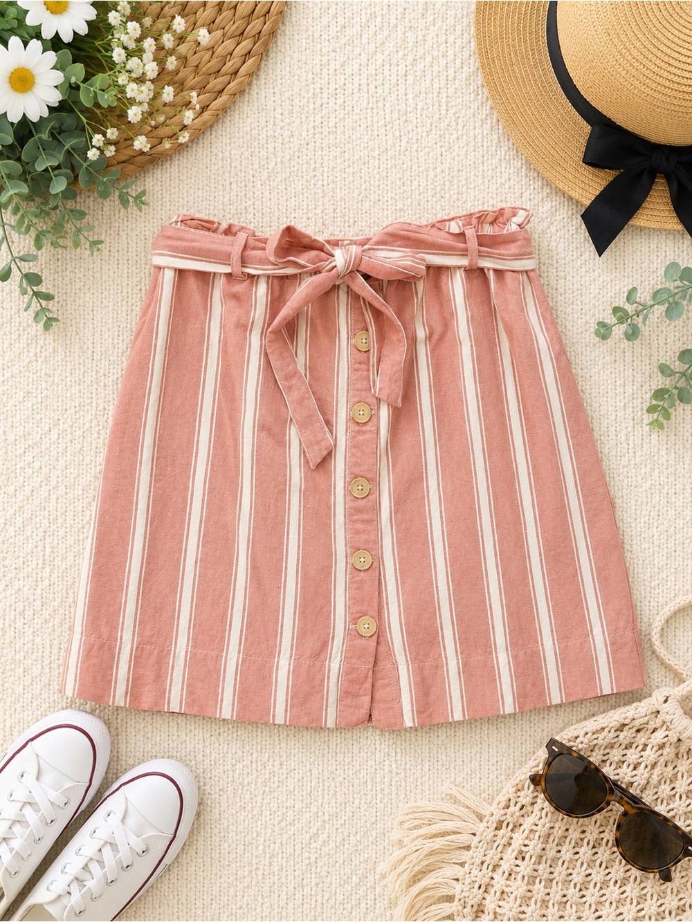 LOFT Pink Stripe Linen Blend Button-Front Paperbag Skirt Women’s Medium